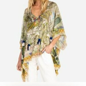 Johnny Was Everglades 100% Silk Poncho O/S Tunic Top W/ Tassels
